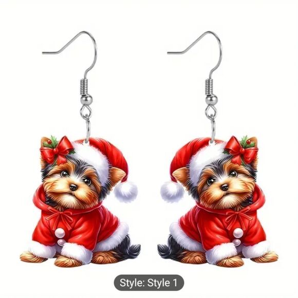 Christmas earrings Yorkie Santa hat dangle acrylic new e70 - Picture 3 of 4